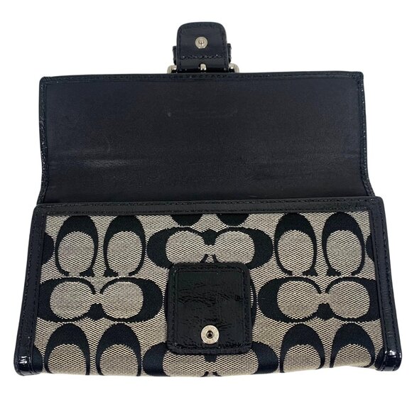 COACH Soho Signature Logo Canvas Envelope Wallet Buckle Snap Black Leather Trim - Picture 2 of 8